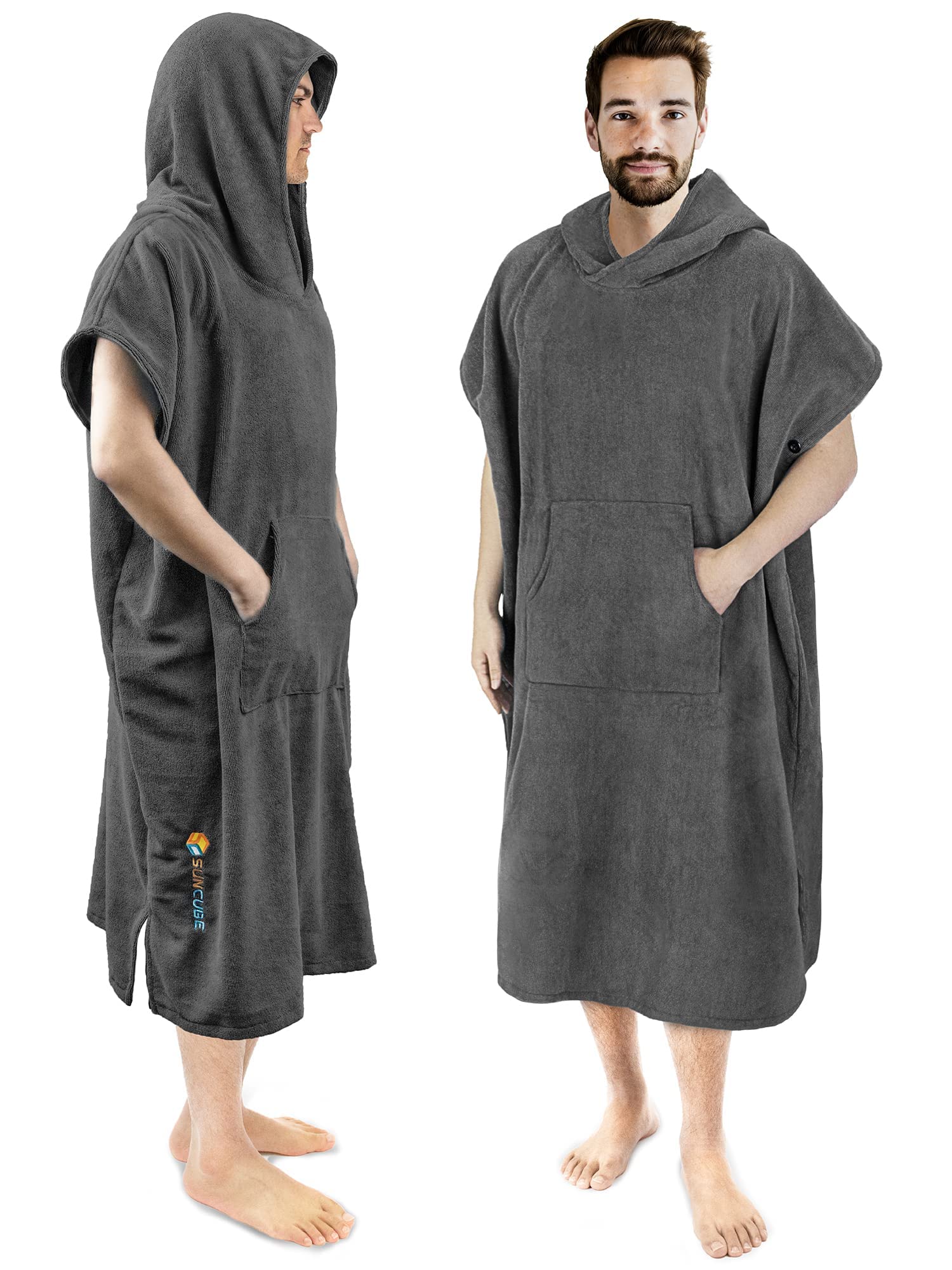 SUN CUBE Surf Poncho Changing Robe with Hood, Thick Quick Dry Microfiber Wetsuit Changing Towel for Surfing Beach Swim Outdoor Sports Men, Absorbent Wearable Towel Cover Up with Pocket, Gray