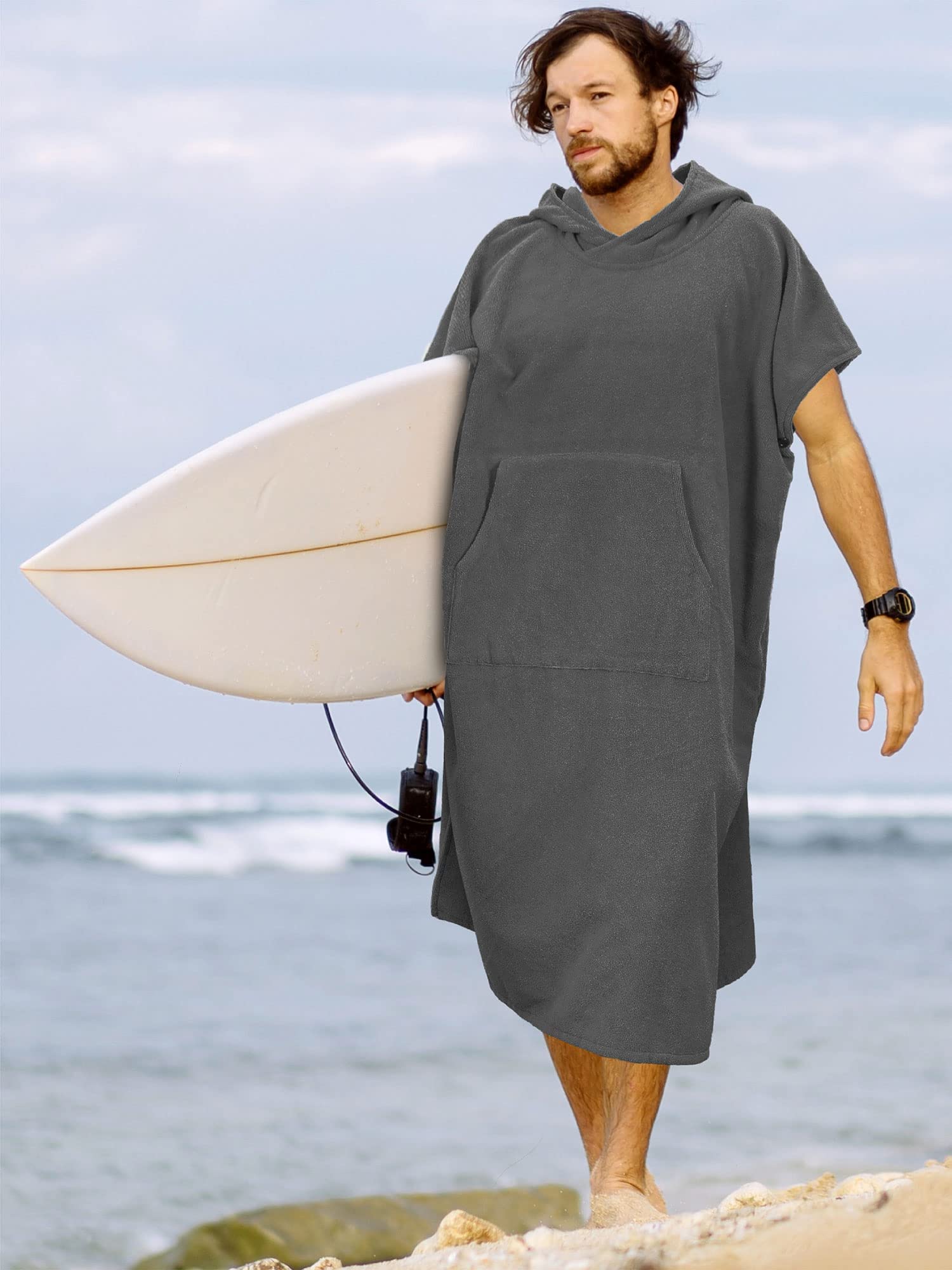 SUN CUBE Surf Poncho Changing Robe with Hood, Thick Quick Dry Microfiber Wetsuit Changing Towel for Surfing Beach Swim Outdoor Sports Men, Absorbent Wearable Towel Cover Up with Pocket, Gray