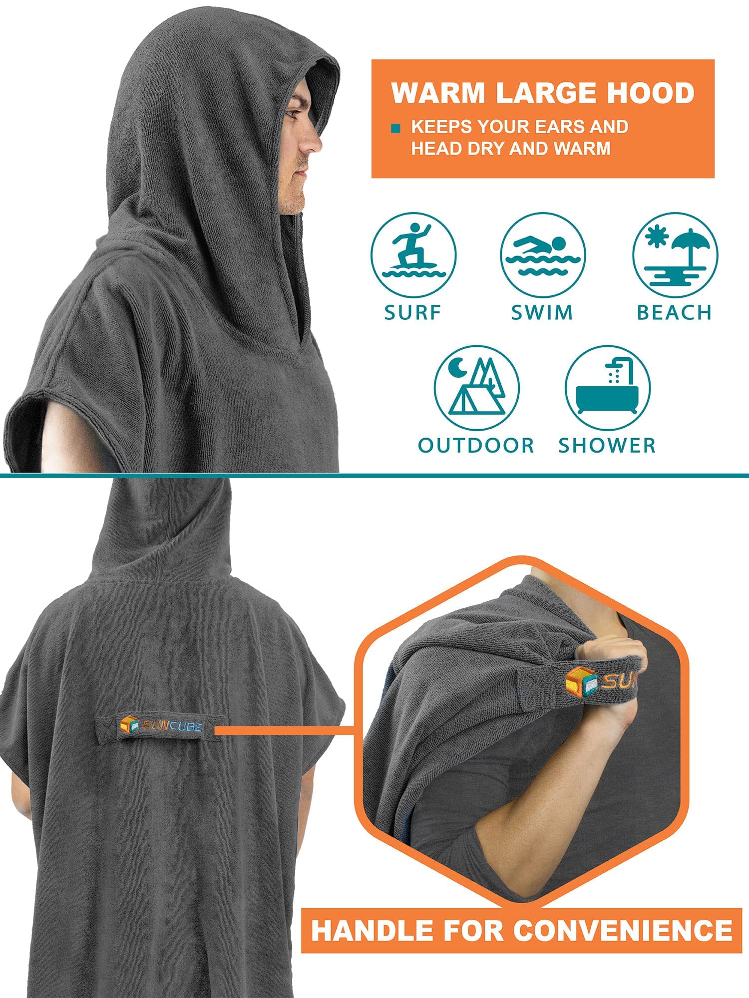 SUN CUBE Surf Poncho Changing Robe with Hood, Thick Quick Dry Microfiber Wetsuit Changing Towel for Surfing Beach Swim Outdoor Sports Men, Absorbent Wearable Towel Cover Up with Pocket, Gray