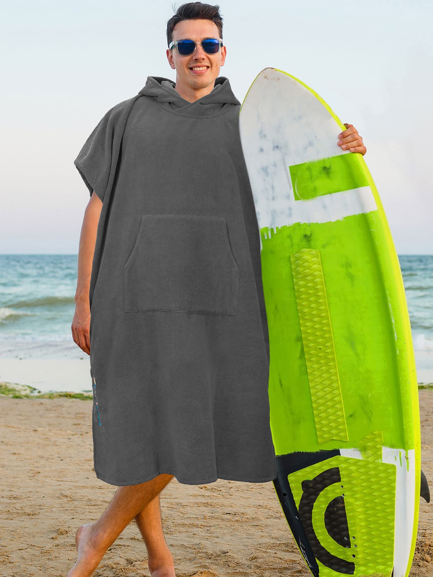 SUN CUBE Surf Poncho Changing Robe with Hood, Thick Quick Dry Microfiber Wetsuit Changing Towel for Surfing Beach Swim Outdoor Sports Men, Absorbent Wearable Towel Cover Up with Pocket, Gray