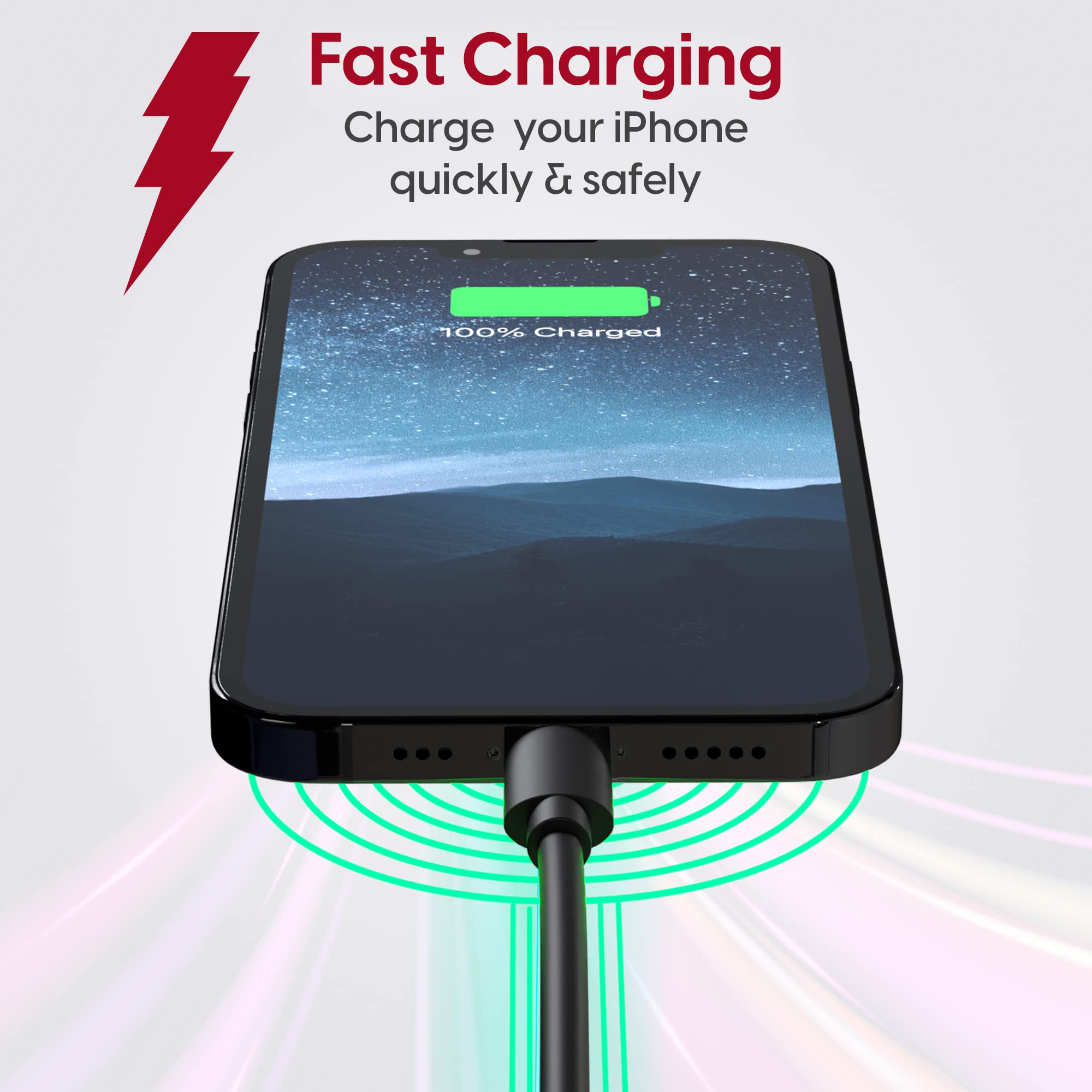 TALK WORKS Fast-Charge Lightning Cable - MFi-Certified for Apple iPhone 13, 12, 11 Pro/Max/Mini, XR, XS/Max, X, 8, 7, 6, 5, SE, iPad, AirPods, Watch - 10ft Long Fast Charger, Heavy-Duty Cord, Black