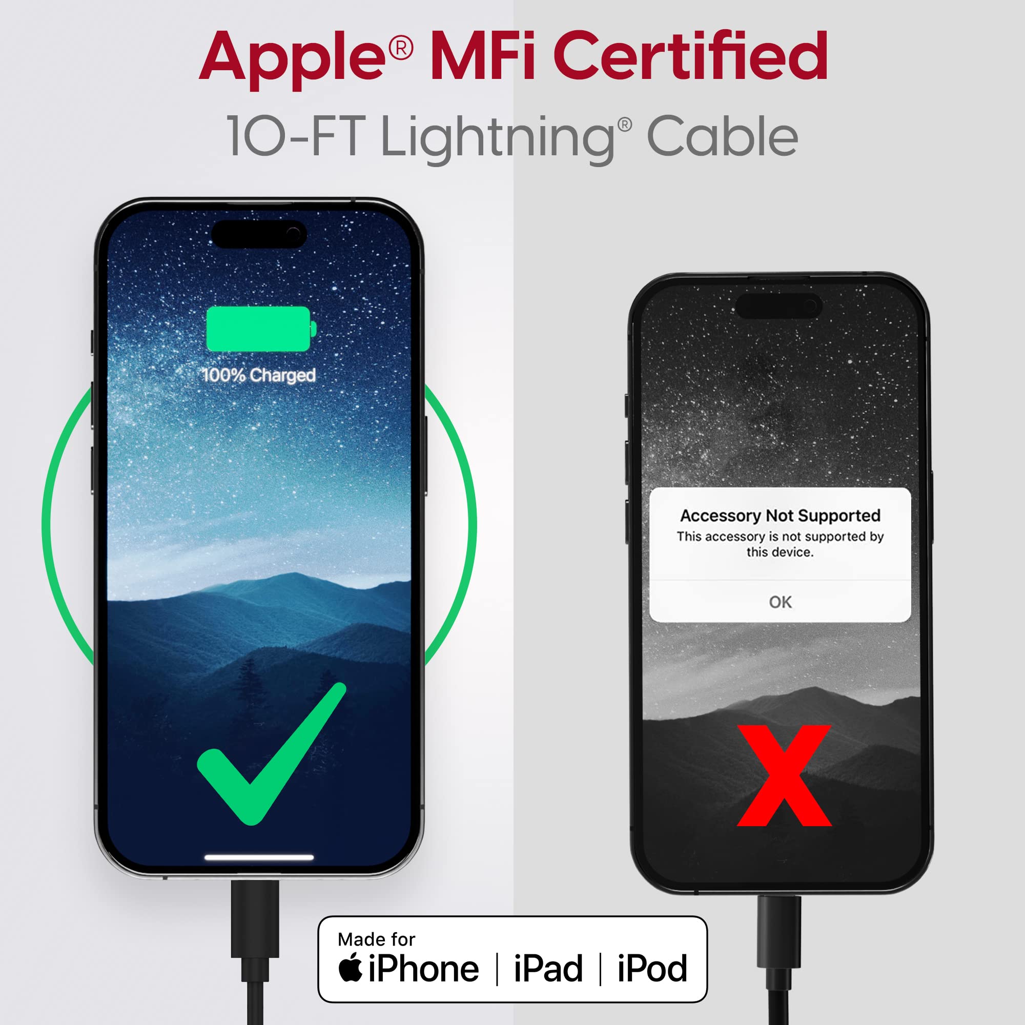 TALK WORKS Fast-Charge Lightning Cable - MFi-Certified for Apple iPhone 13, 12, 11 Pro/Max/Mini, XR, XS/Max, X, 8, 7, 6, 5, SE, iPad, AirPods, Watch - 10ft Long Fast Charger, Heavy-Duty Cord, Black