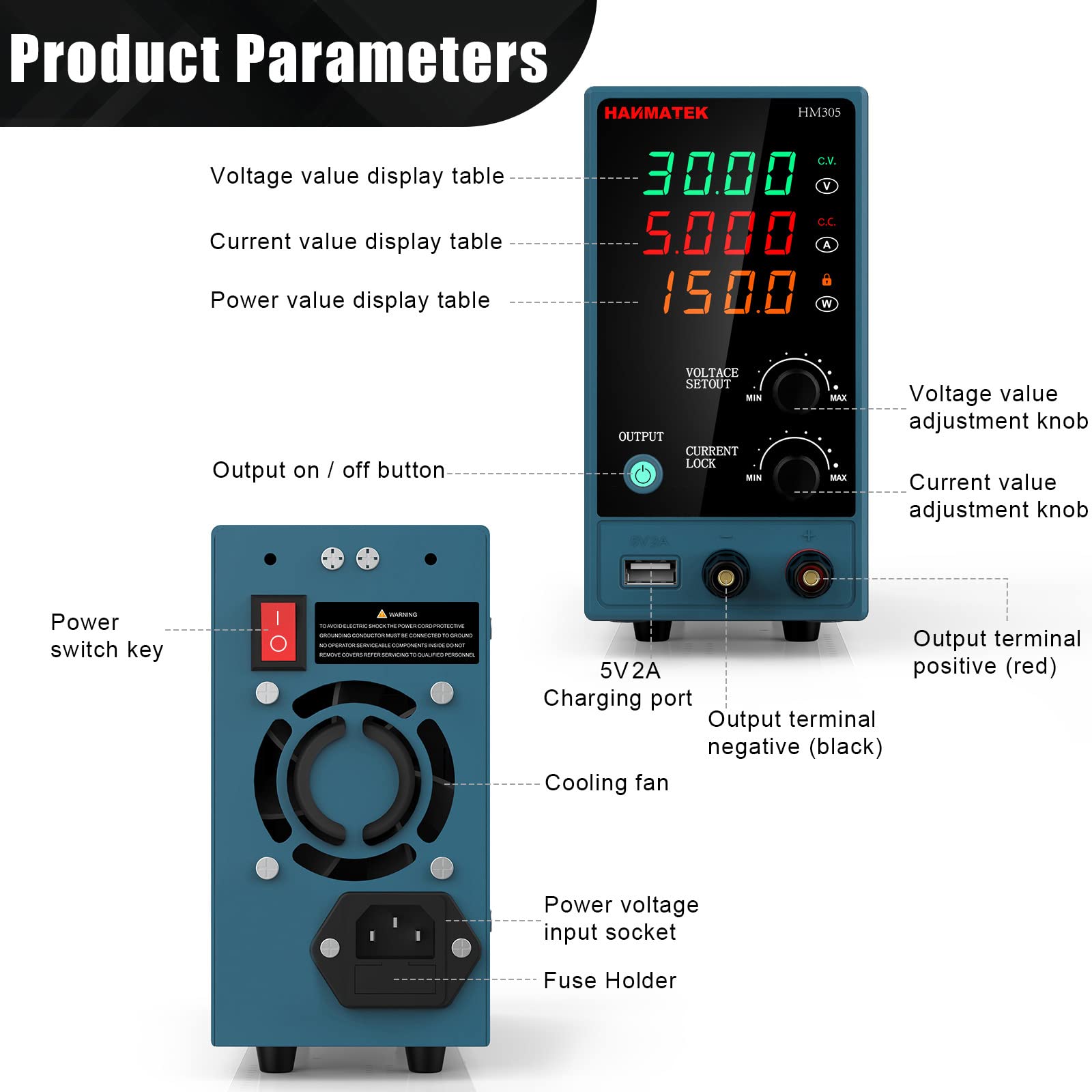 Adjustable DC Power Supply (0-30 V 0-5 A) with Output Enable/Disable Button HANMATEK HM305 Mini Variable Switching Digital Bench Power Supply