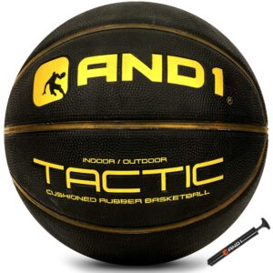 and1 tactic softech rubber basketball (deflated w/ pump included): official regulation size 7 (29.5”) streetball, made for indoor/outdoor basketball games, black/gold