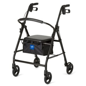 medline steel rollator walker for adult mobility impairment, black, 300 lb. weight capacity, 6” wheels, foldable, adjustable handles, rolling walker for seniors