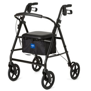 medline steel rollator walker for adult mobility impairment, black, 300 lb. weight capacity, 8” wheels, foldable, adjustable handles, rolling walker for seniors