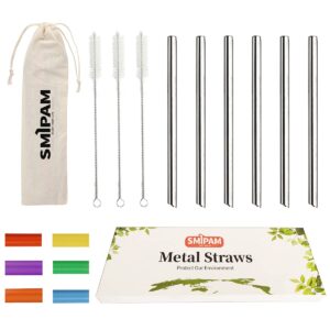 6 pcs boba straws metal with sillicone tips, jumbo reusable smoothie straws, 0.5" wide stainless steel straws for bubble tea/tapioca pearl milkshakes smoothies with 3 cleaning brush 1 case