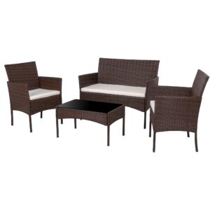 shintenchi 4 piece outdoor patio furniture sets, small wicker patio conversation furniture rattan chair set with tempered glass coffee table for backyard porch garden poolside balcony, brown