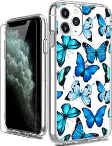 luhouri designed for iphone 11 pro max case with screen protector - slim fit, sturdy clear acrylic cover for women and girls - protective phone case 6.5" - floral blue butterflies