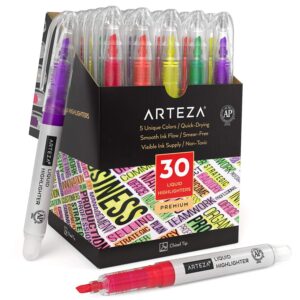 arteza liquid highlighter pens, set of 30, narrow chisel tip, bulk pack of highlighters in 5 assorted colors, use in bullet journal, notes, or books