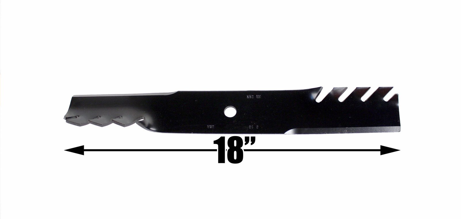 USA Mower Blades (6 MB022BP Toothed High-Lift for Bad Boy 038000300 Jacobsen 390665 Length 18 in. Width 2-1/2 in. Thickness .203 in. Center Hole 5/8 in. 36 in. 52 in. 54 in. Deck