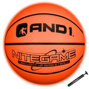 and1 nitegame led light up basketball - impact activated glow in the dark basketball - regulation size 7 (29.5 inches), for outdoor or indoor basketball, sold deflated, comes in black or orange
