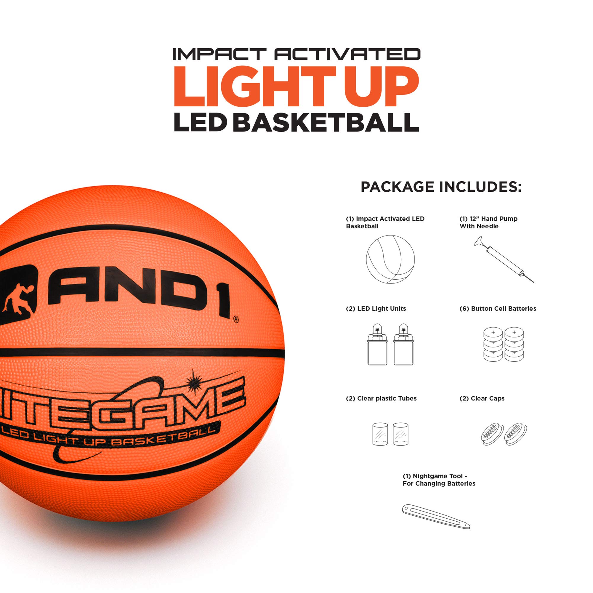 AND1 Nitegame LED Light Up Basketball - Impact Activated Glow in The Dark Basketball - Regulation Size 7 (29.5 inches), for Outdoor or Indoor Basketball, Sold Deflated, Comes in Black or Orange