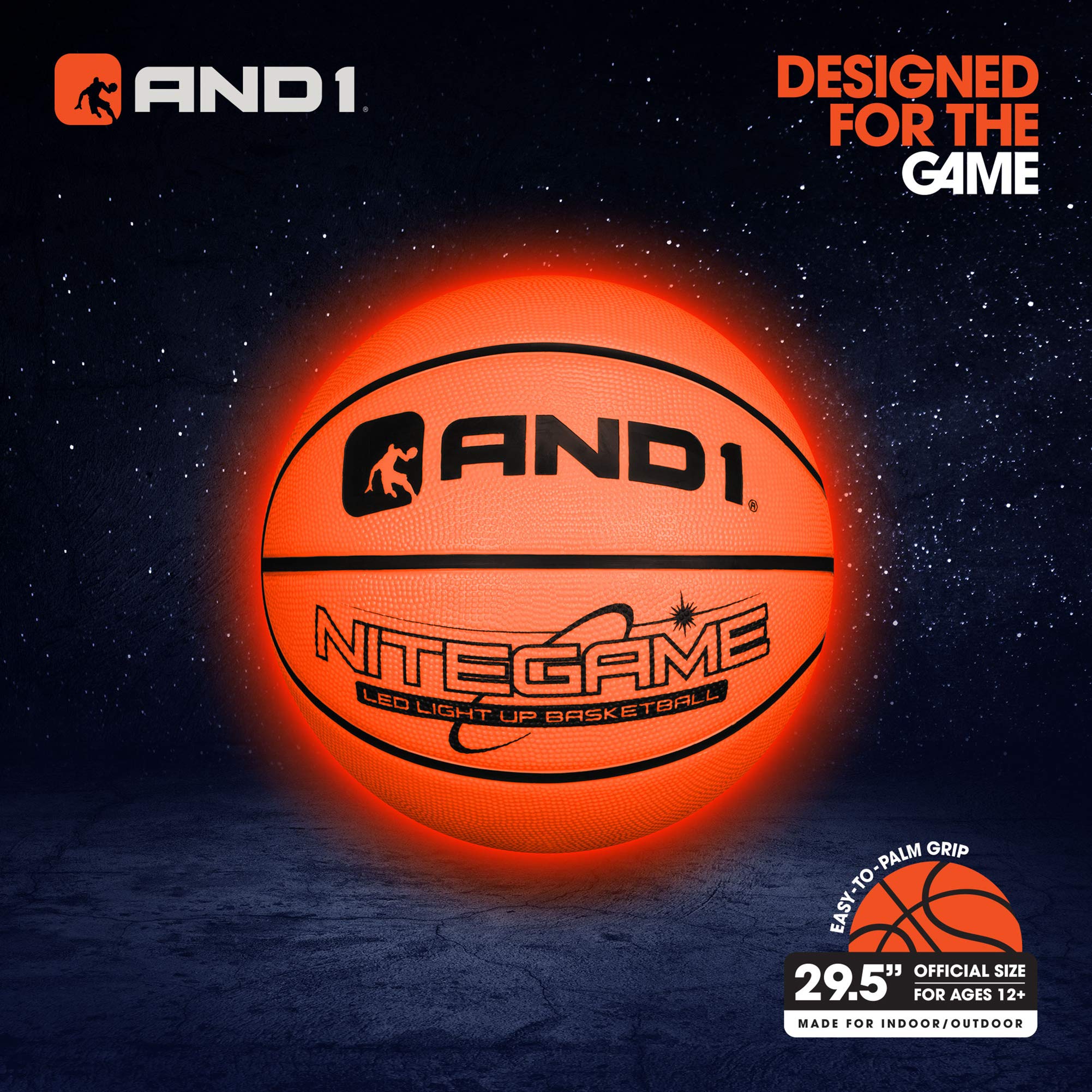 AND1 Nitegame LED Light Up Basketball - Impact Activated Glow in The Dark Basketball - Regulation Size 7 (29.5 inches), for Outdoor or Indoor Basketball, Sold Deflated, Comes in Black or Orange