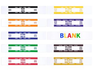 money bands - 400 pack currency straps - vibrant colors coded bank standard money wrappers with self sealing - 10 different denominations including blank money straps 7.50 x 1.25 inches (400 pack)