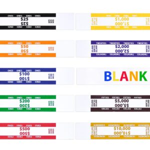 Money Bands - 400 Pack Currency Straps - Vibrant Colors Coded Bank Standard Money Wrappers with Self Sealing - 10 Different Denominations Including Blank Money Straps 7.50 x 1.25 Inches (400 Pack)