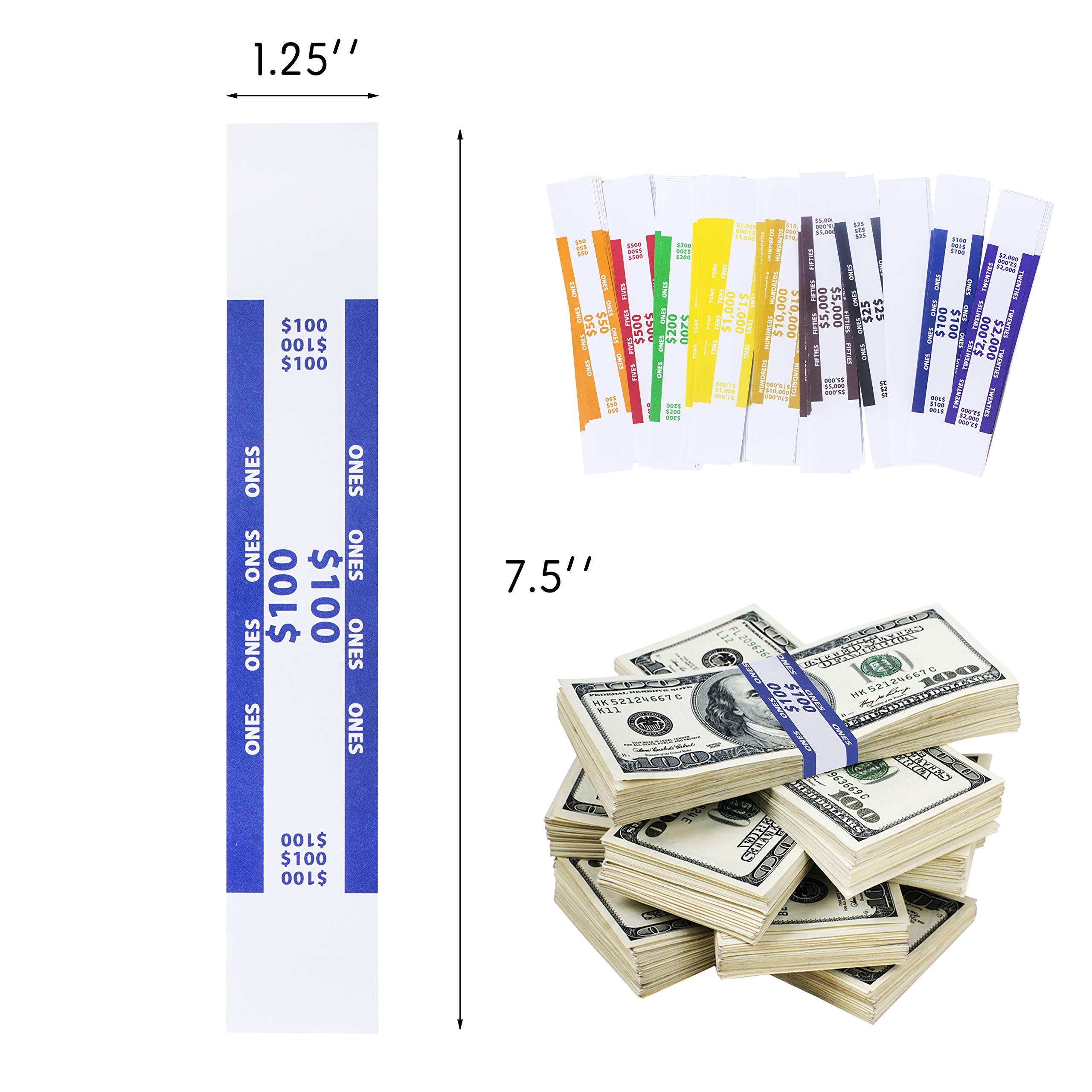 Money Bands - 400 Pack Currency Straps - Vibrant Colors Coded Bank Standard Money Wrappers with Self Sealing - 10 Different Denominations Including Blank Money Straps 7.50 x 1.25 Inches (400 Pack)