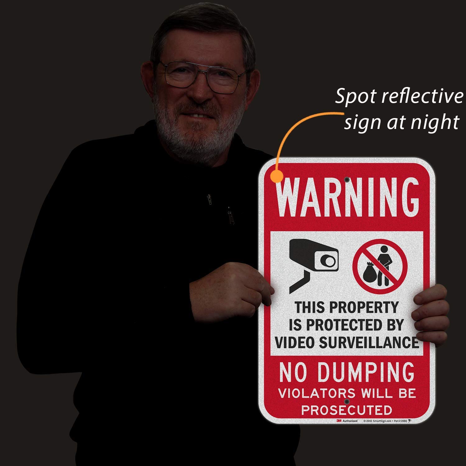 SmartSign 18 x 12 inch “Warning - No Dumping, Property Protected By Video Surveillance” Metal Sign, 63 mil Aluminum, 3M Laminated Engineer Grade Reflective Material, Red, Black and White