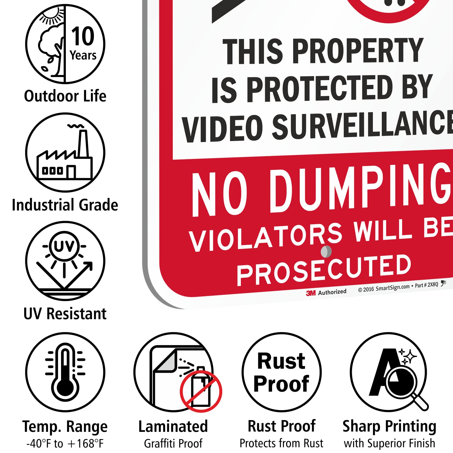 SmartSign 18 x 12 inch “Warning - No Dumping, Property Protected By Video Surveillance” Metal Sign, 63 mil Aluminum, 3M Laminated Engineer Grade Reflective Material, Red, Black and White