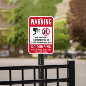 SmartSign 18 x 12 inch “Warning - No Dumping, Property Protected By Video Surveillance” Metal Sign, 63 mil Aluminum, 3M Laminated Engineer Grade Reflective Material, Red, Black and White