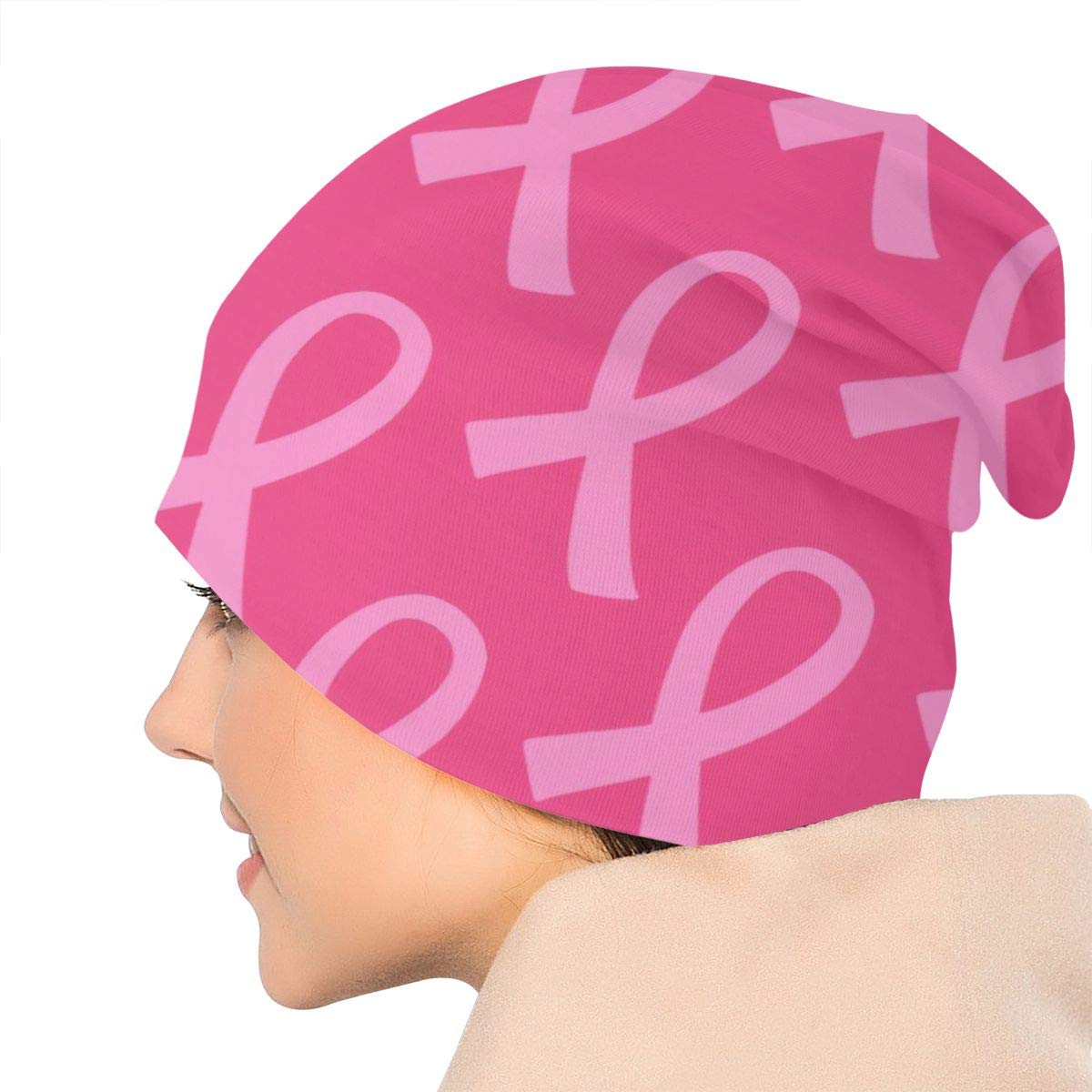 QIUYELONG Breast Cancer Pink Ribbon Pattern Print Slouchy Beanie Cap Knit Hat