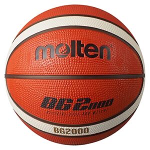 molten bg2000 basketball, indoor/outdoor, premium rubber, size 3, orange/ivory, suitable for boys age 6 & under, girls age 11 & under