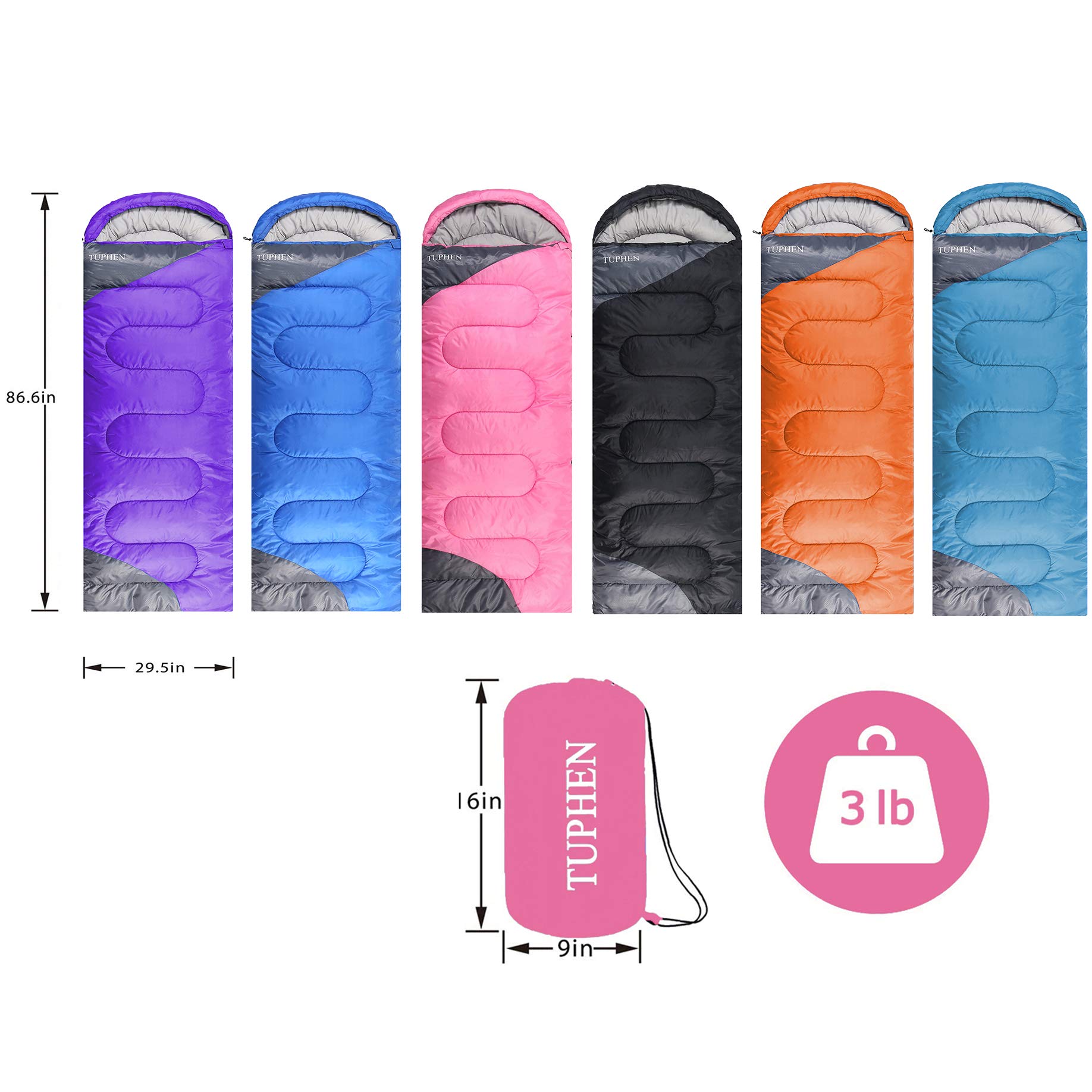 tuphen- Sleeping Bags for Adults Kids Boys Girls Backpacking Hiking Camping Microfiber Liner, Cold Warm Weather 4 Seasons Winter, Fall, Spring, Summer, Indoor Outdoor Use, Lightweight & Waterproof