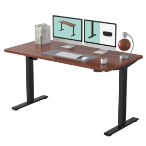flexispot ec1 standing desk 55 x 28 inches electric stand up desk workstation, whole-piece desk board home office computer height adjustable desk (black frame + 55" mahogany top 2 packages)