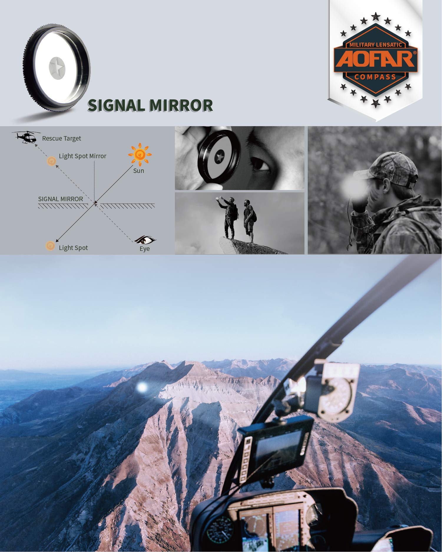 AOFAR Lensatic Sighting Military Compass AF-4090, Aluminum Alloy Material is Lighter, Functional with Signal Mirror Whistle Fishing Hook for Hiking, Camping, Fishing, Mountaineering, Boating, Pouch