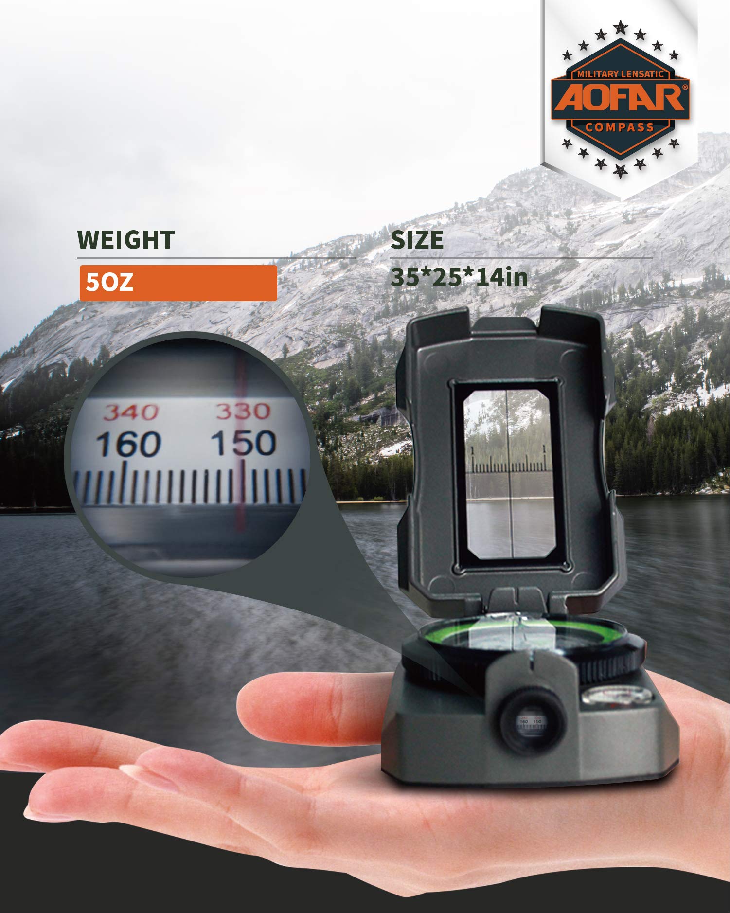 AOFAR Lensatic Sighting Military Compass AF-4090, Aluminum Alloy Material is Lighter, Functional with Signal Mirror Whistle Fishing Hook for Hiking, Camping, Fishing, Mountaineering, Boating, Pouch