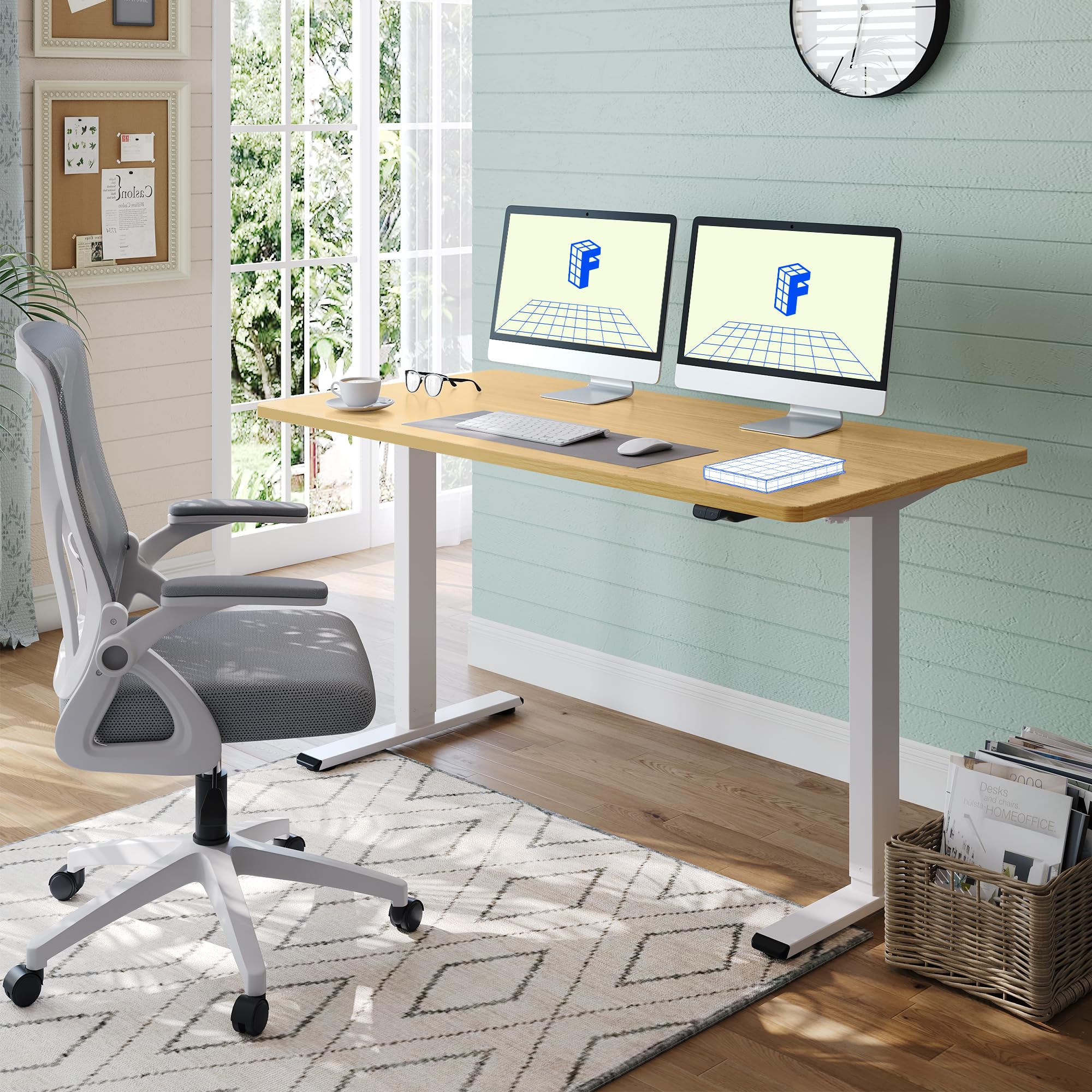 FLEXISPOT Electric Standing Desk Whole Piece 55 x 28 Inch Desktop Adjustable Height Desk Home Office Computer Workstation Sit Stand up Desk (White Frame + 55" Maple Top, 2 Packages)