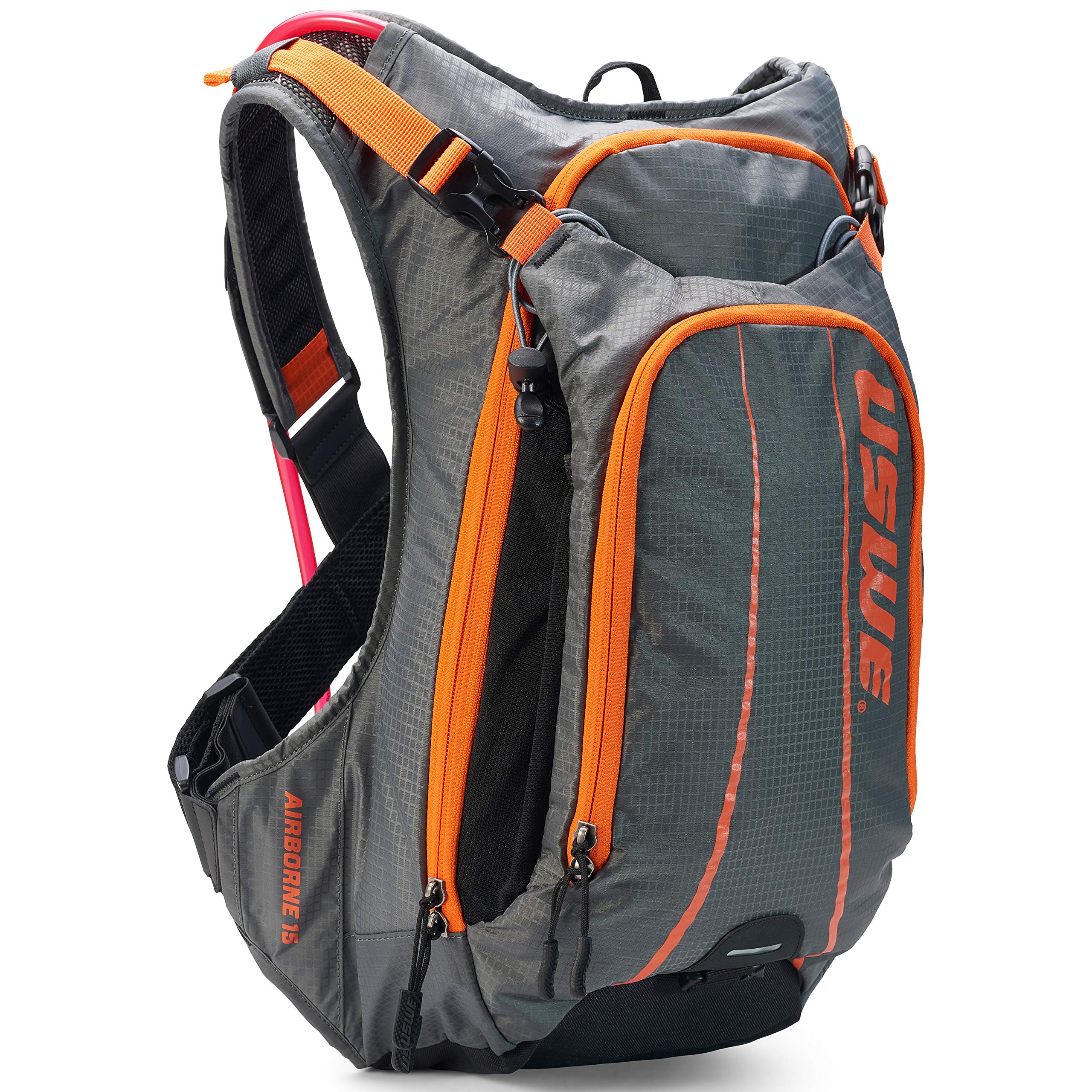 USWE Airborne - Hydration Pack with Hydration Bladder, Bounce Free Backpack for MTB, Cycling, Mountain Biking (15L, Gray/Orange)