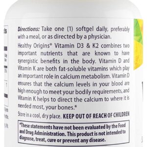 Healthy Origins Vitamin D3 & K2 - Vitamin D3, 50 mcg - Vitamin K2, 200 mcg - Easily Absorbable Vitamin D & Vitamin K Supplements - Non-GMO & Gluten-Free Supplements - 180 Softgels