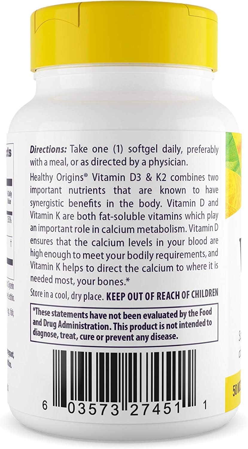 Healthy Origins Vitamin D3 & K2 - Vitamin D3, 50 mcg - Vitamin K2, 200 mcg - Easily Absorbable Vitamin D & Vitamin K Supplements - Non-GMO & Gluten-Free Supplements - 180 Softgels