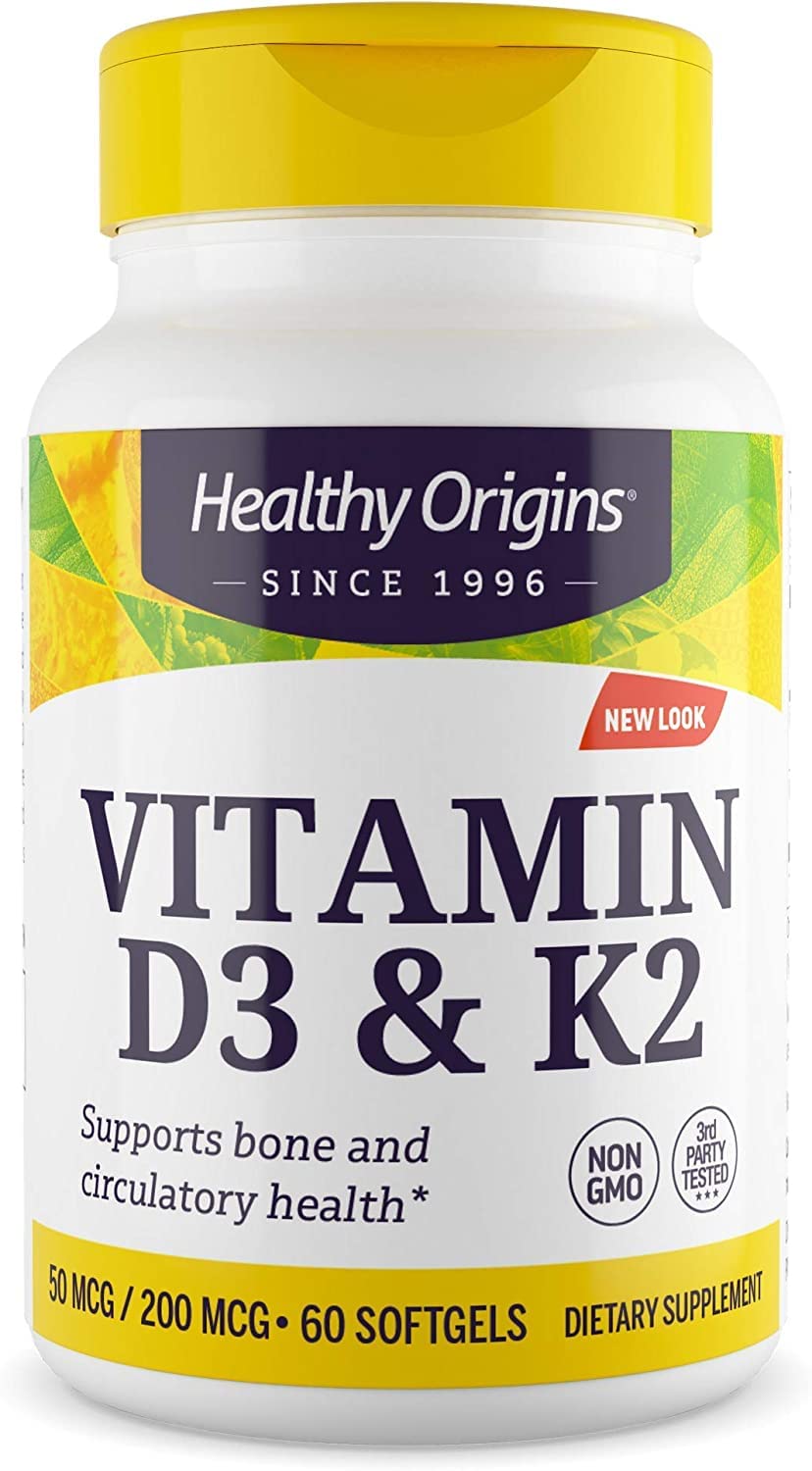 Healthy Origins Vitamin D3 & K2 - Vitamin D3, 50 mcg - Vitamin K2, 200 mcg - Easily Absorbable Vitamin D & Vitamin K Supplements - Non-GMO & Gluten-Free Supplements - 180 Softgels