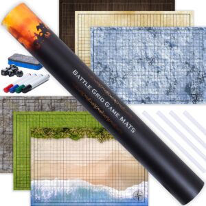 tidyboss dungeons and dragons starter set | 3 x double sides 24x 36 game grid mat | 6 terrains includes dry erase markers, eraser, dice and clips