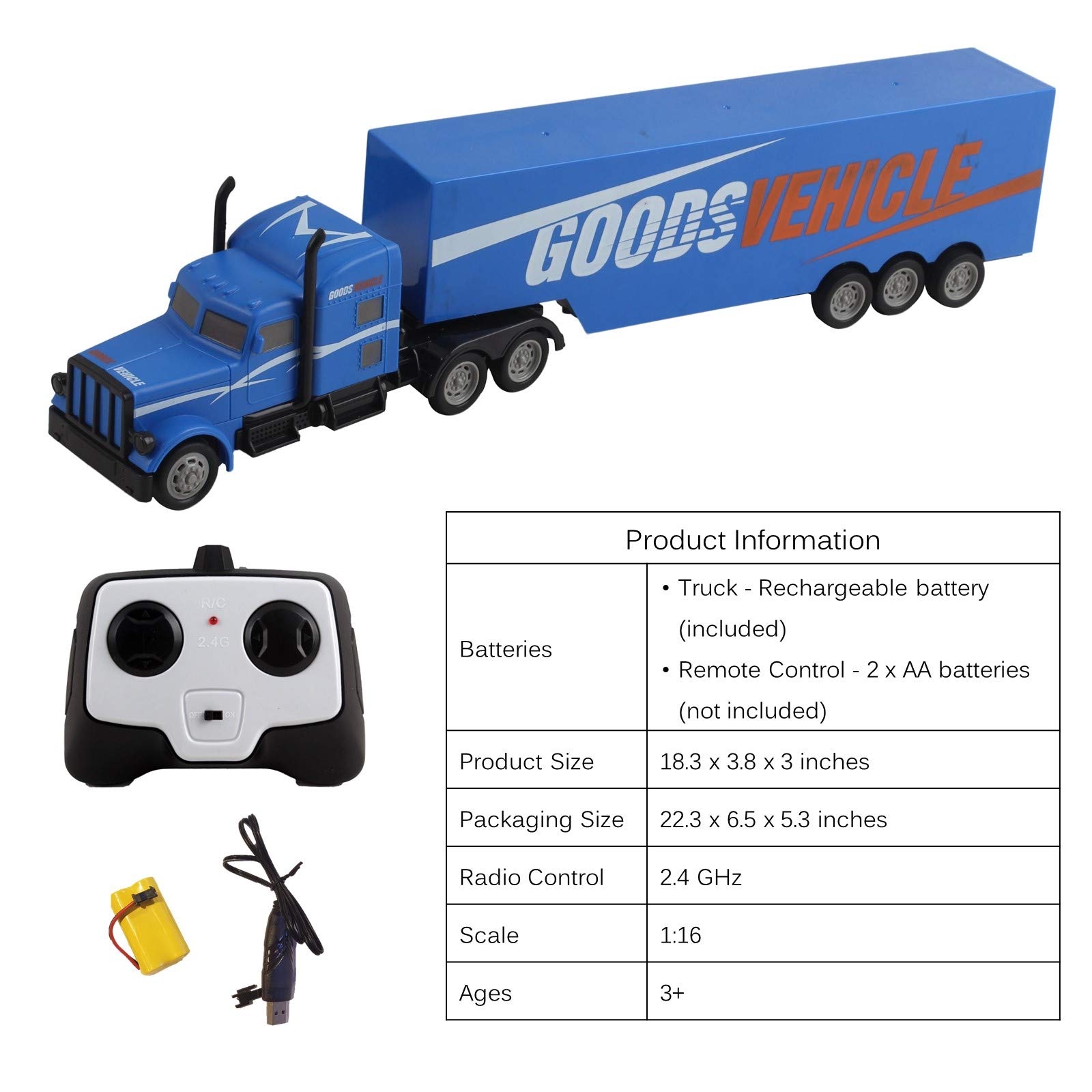 Vokodo RC Semi Truck and Trailer 18 Inch 2.4Ghz Fast Speed 1:16 Scale Rechargeable Battery Remote Control Tractor Tanker Hauler Car Big Rig 18 Wheeler Toy for 3 4 5 6 7 8 Year Boys Kids (Blue)