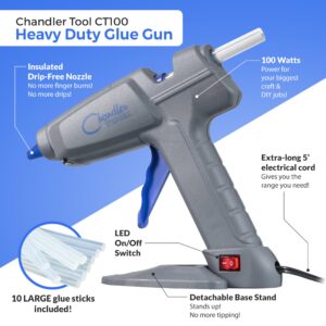 Full Size Hot Glue Gun Kit for Construction, DIY & Crafts, Chandler Tool 100W High Temp Large Glue Gun with Stand-Up base & 10 Glue Sticks, Perfect for Home Repair, Arts & Crafts, Grey