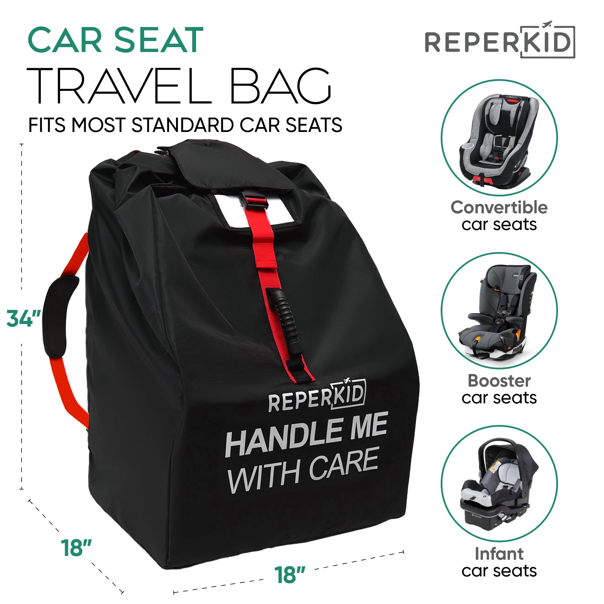 reperkid Premium Car Seat Travel Bag for Airplane - Durable, Universal Fit, Water-Resistant Gate Check Bag with Adjustable Carry Straps - for Safe and Hassle-Free Travel