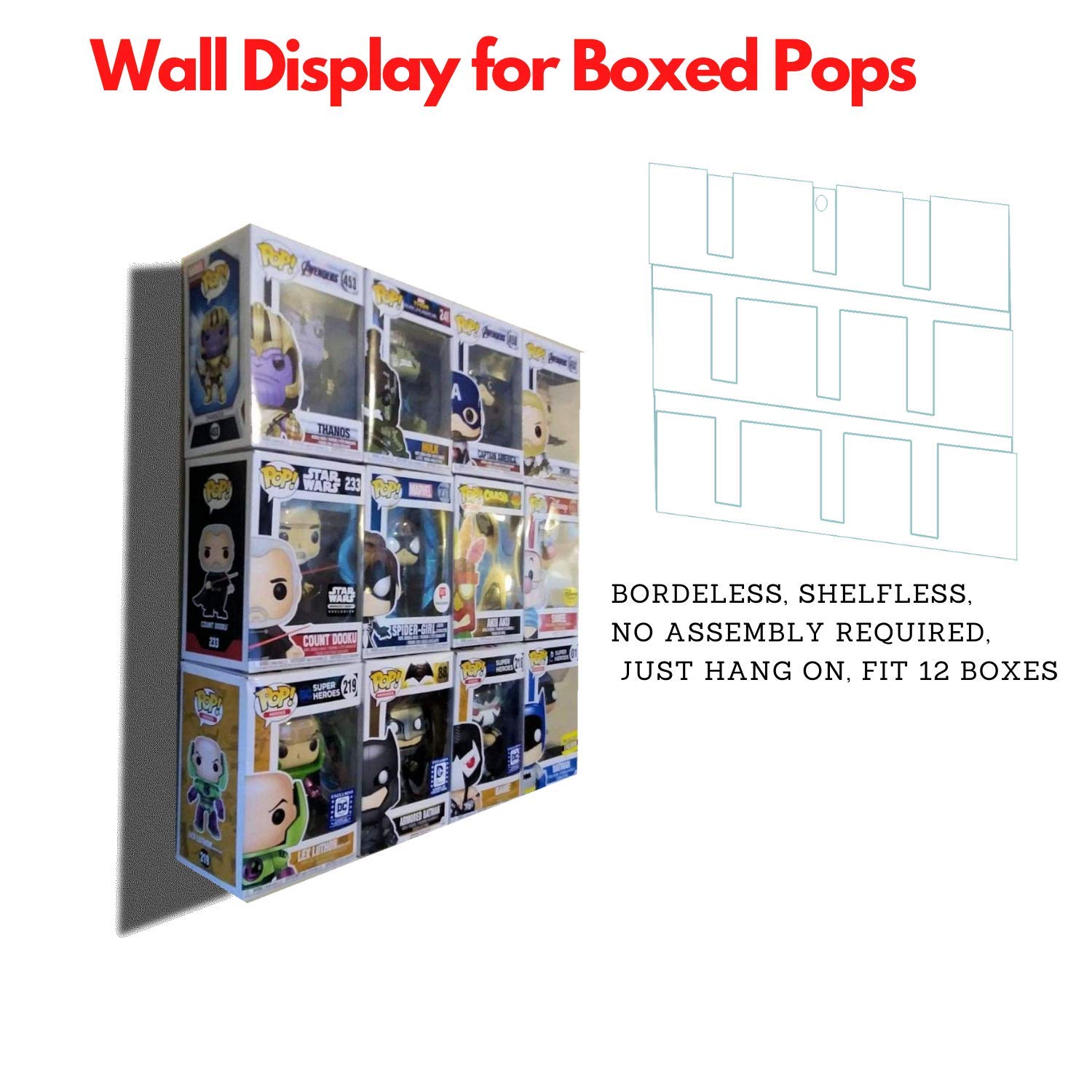 Wall Display Case for 12 Boxed Funko Pop, or Pins. Bordeless, Shelfless, No Assembly Required, just Hang on