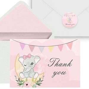 thank you baby shower card for girls - uv emboss matt finish. 24 pack pink elephant baby girl cards. girl sprinkle thank you cards with envelopes & stickers.