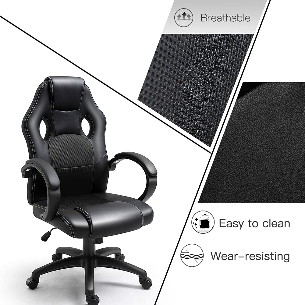 Polar Aurora Office Chair PU Leather Racing Style Computer Gaming Chairs Adjustable Swivel Desk Chair Black