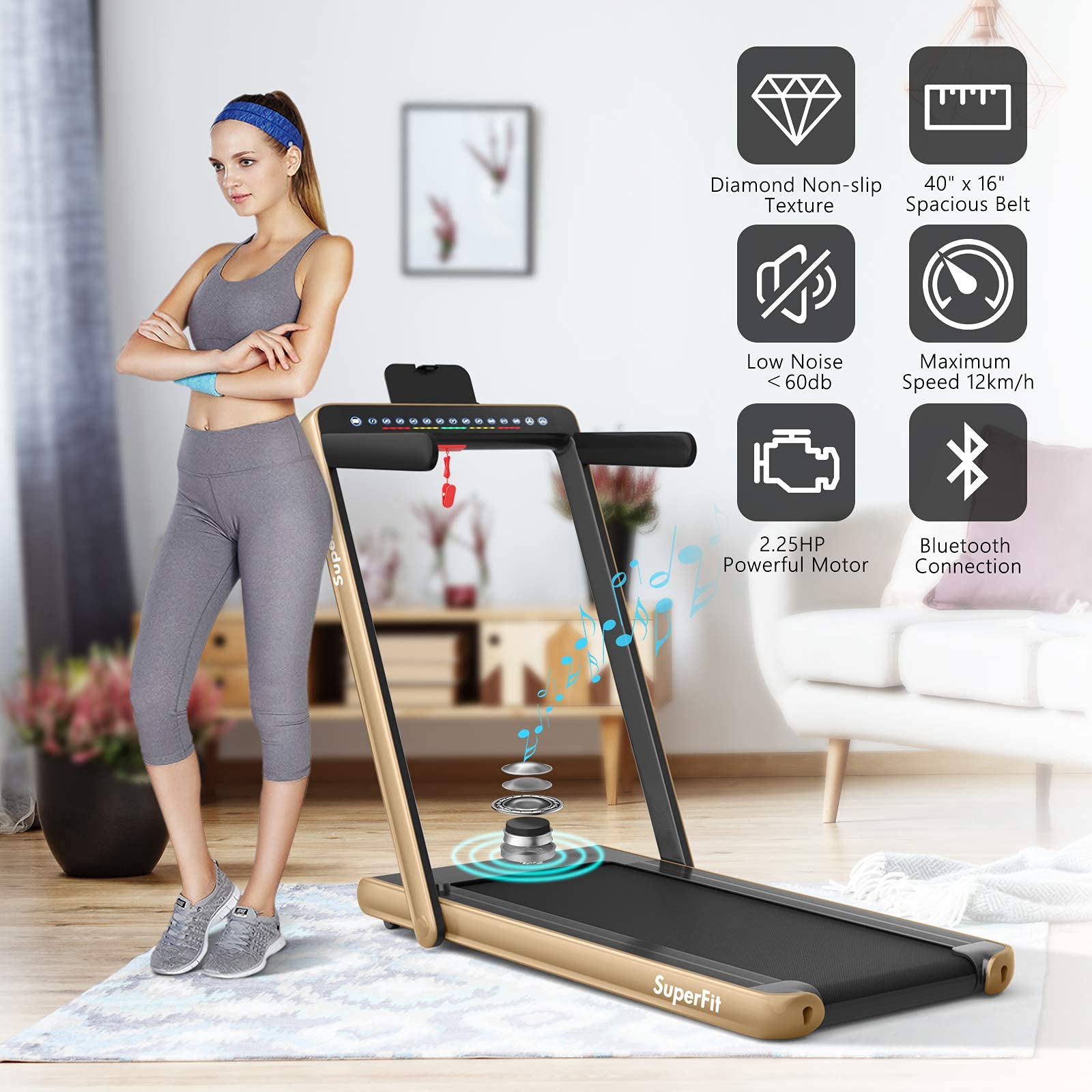 Goplus 2 in 1 Folding Treadmill with Dual Display, 2.25HP Superfit Under Desk Electric Pad Treadmill, Installation-Free, Blue Tooth Speaker, APP Control, Remote Control, Walking Jogging for Home