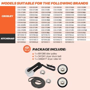 Upgraded 4392065 Dryer Maintenance Repair Kit by Beaquicy - Replacement for Whirlpool Ken-More Crosley Admiral Amana Dryer - Package Includes 349241t Drum Roller 341241 Belt and 691366 Idler Pulley