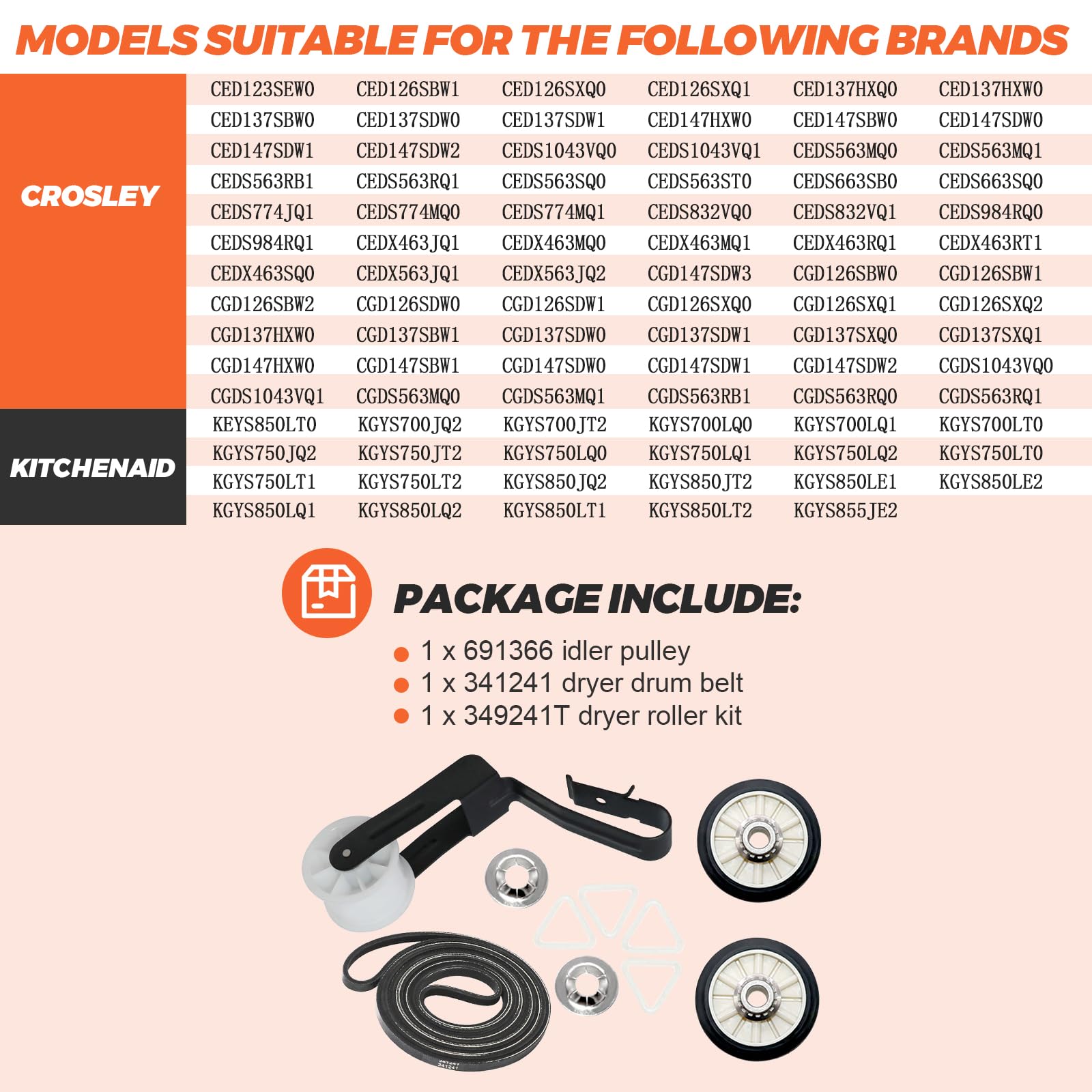 Upgraded 4392065 Dryer Maintenance Repair Kit by Beaquicy - Replacement for Whirlpool Ken-More Crosley Admiral Amana Dryer - Package Includes 349241t Drum Roller 341241 Belt and 691366 Idler Pulley