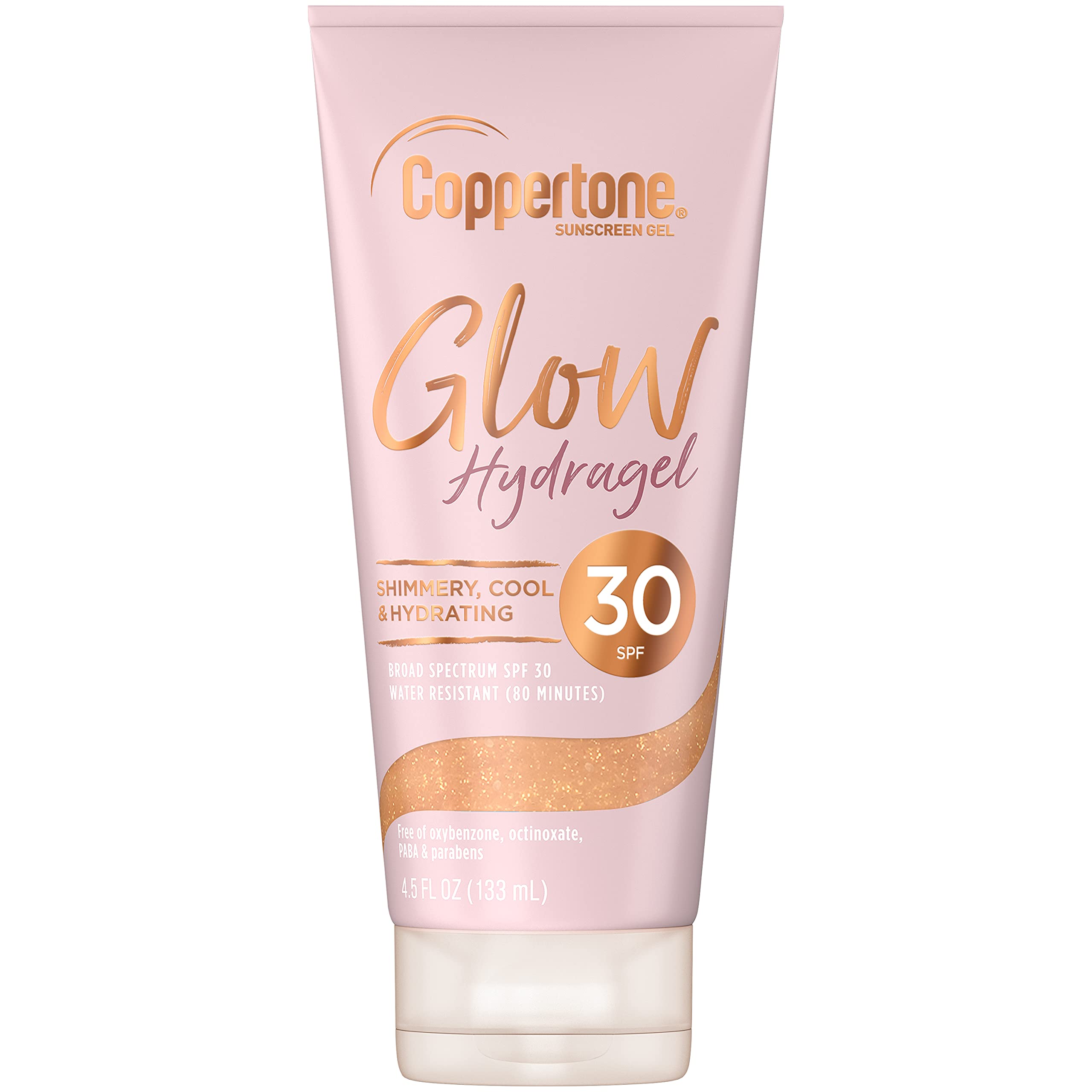 Coppertone Glow Hydragel SPF 30 Sunscreen Lotion with Shimmer, Broad Spectrum UVA/UVB Protection, Water-Resistant, Non-Greasy, Free of Parabens, PABA, Phthalates, Oxybenzone, 4.5 Fl Oz