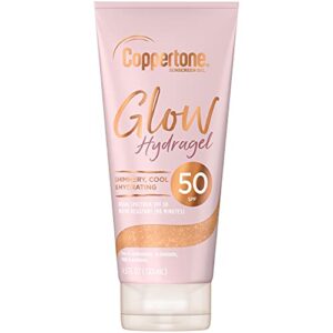 coppertone glow hydragel spf 50 sunscreen lotion with shimmer, broad spectrum uva/uvb protection, water-resistant, non-greasy, free of parabens, paba, phthalates, oxybenzone, 4.5 fl oz