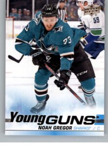 2019-20 upper deck hockey #462 noah gregor rc rookie card san jose sharks young guns official series two trading card from ud