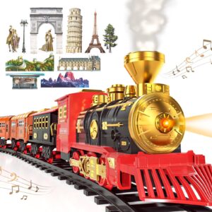 snaen train sets with steam locomotive engine, cargo car and tracks, battery powered play set toy w/smoke, light & sounds, for kids, boys & girls 3 4 5 6 7 years old