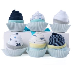 lily and page baby boy gift basket, newborn boys bodysuits cupcake essential shower gift set